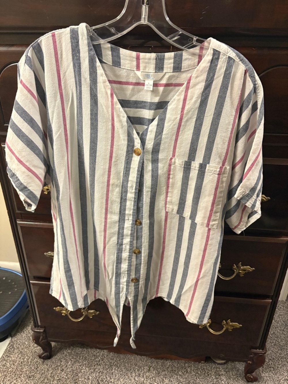 Time and Tru White Blouse with Navy and Pink Stripes